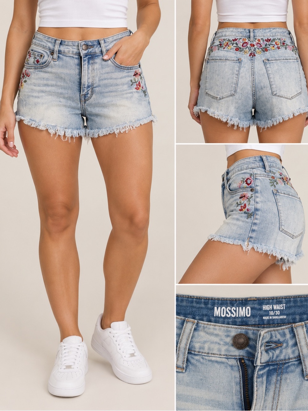 Mossimo High Waist Floral Embroidered Denim Shorts Light Wash